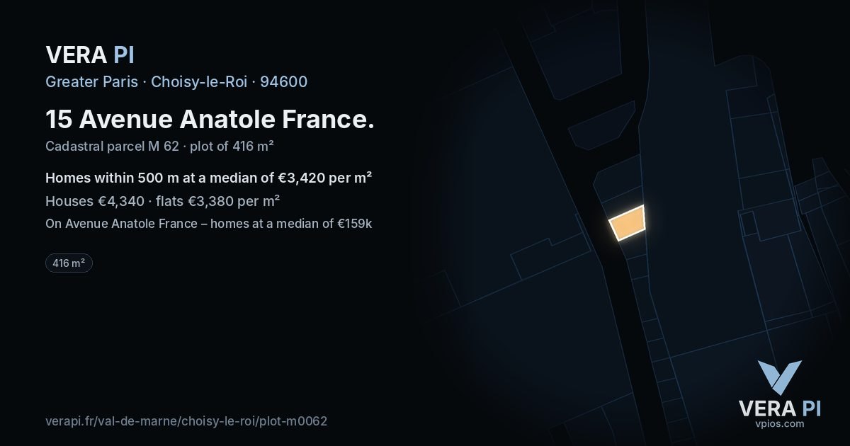 15 Avenue Anatole France, Choisy-le-Roi at night – the plot lit, the parcels around coloured by the prices near them