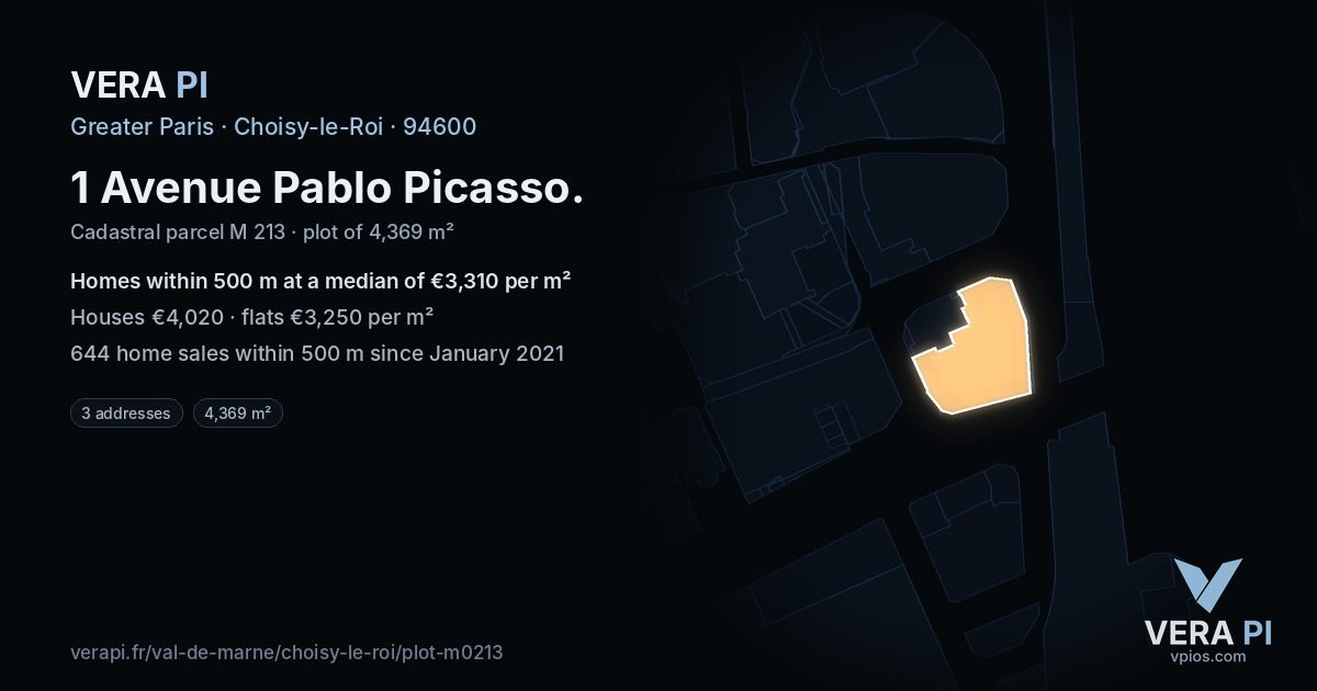 1 Avenue Pablo Picasso, Choisy-le-Roi at night – the plot lit, the parcels around coloured by the prices near them