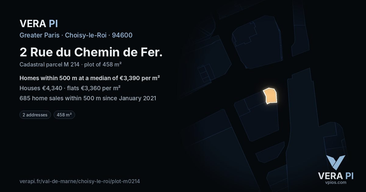 2 Rue du Chemin de Fer, Choisy-le-Roi at night – the plot lit, the parcels around coloured by the prices near them