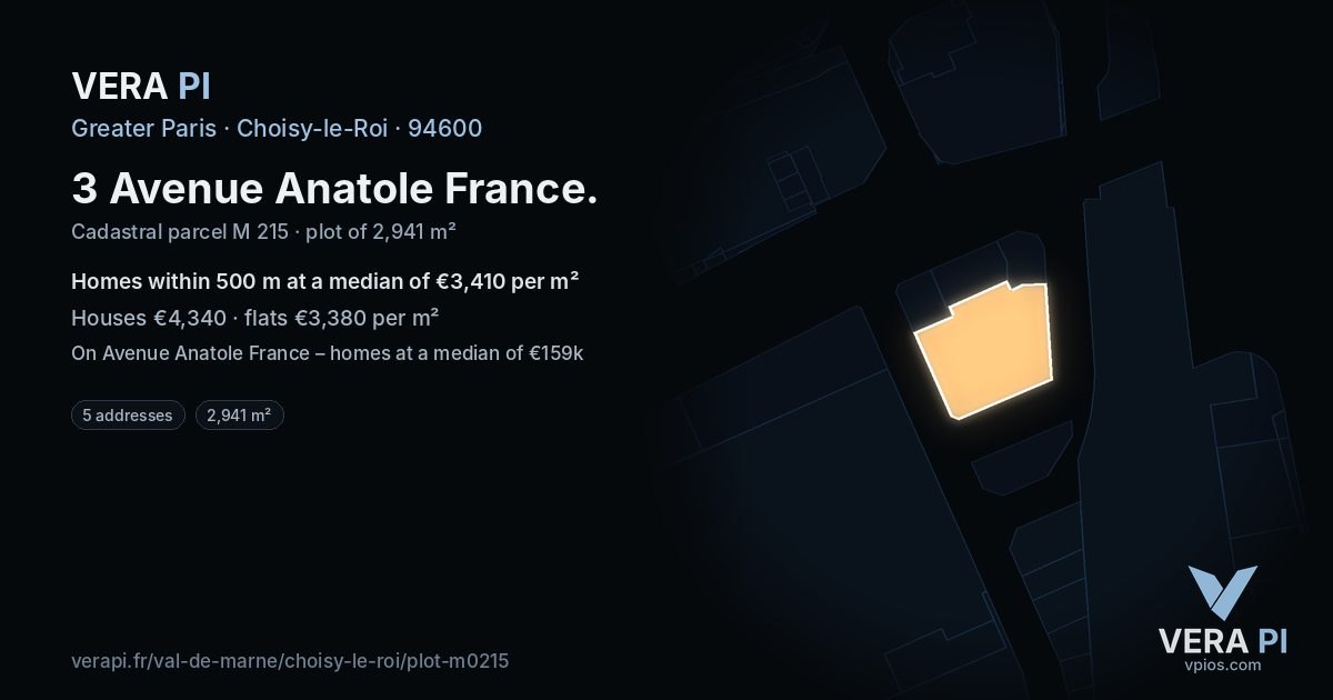 3 Avenue Anatole France, Choisy-le-Roi at night – the plot lit, the parcels around coloured by the prices near them