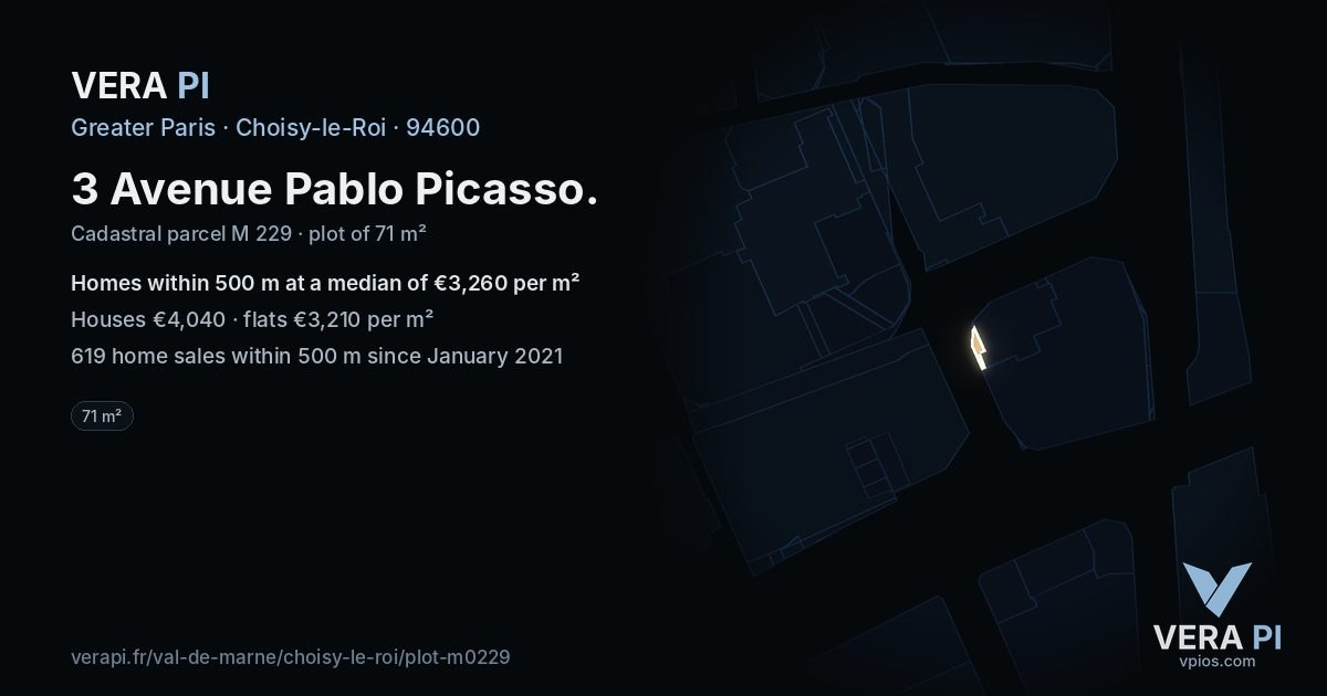 3 Avenue Pablo Picasso, Choisy-le-Roi at night – the plot lit, the parcels around coloured by the prices near them