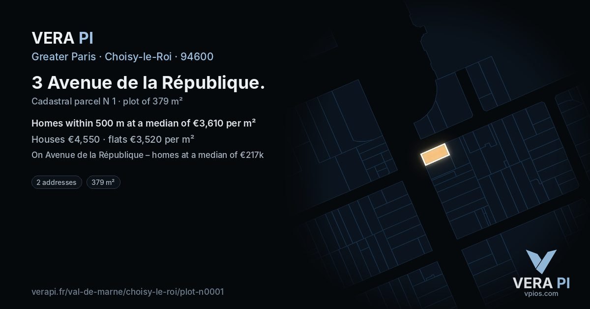 3 Avenue de la République, Choisy-le-Roi at night – the plot lit, the parcels around coloured by the prices near them