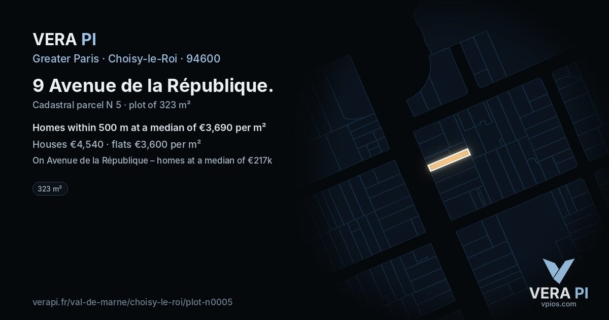 9 Avenue de la République, Choisy-le-Roi at night – the plot lit, the parcels around coloured by the prices near them