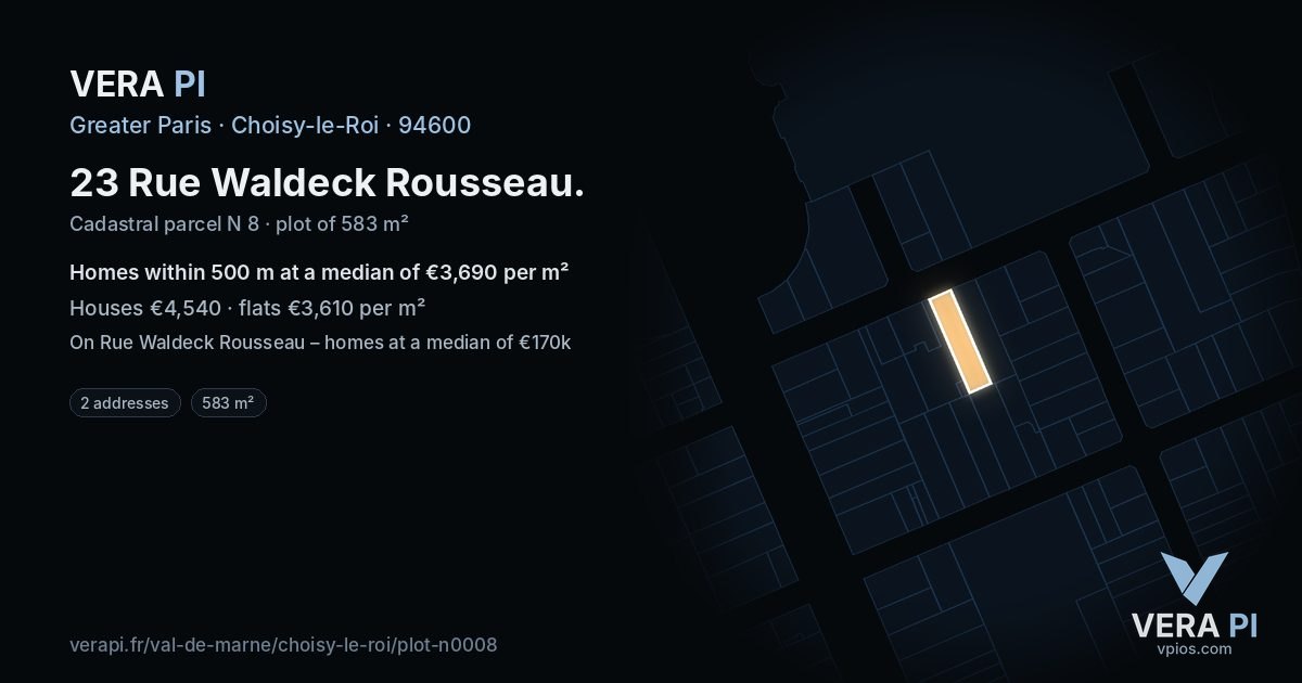 23 Rue Waldeck Rousseau, Choisy-le-Roi at night – the plot lit, the parcels around coloured by the prices near them