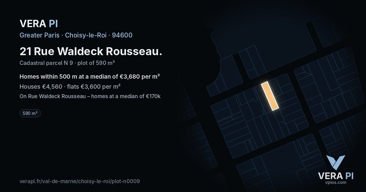 21 Rue Waldeck Rousseau, Choisy-le-Roi at night – the plot lit, the parcels around coloured by the prices near them