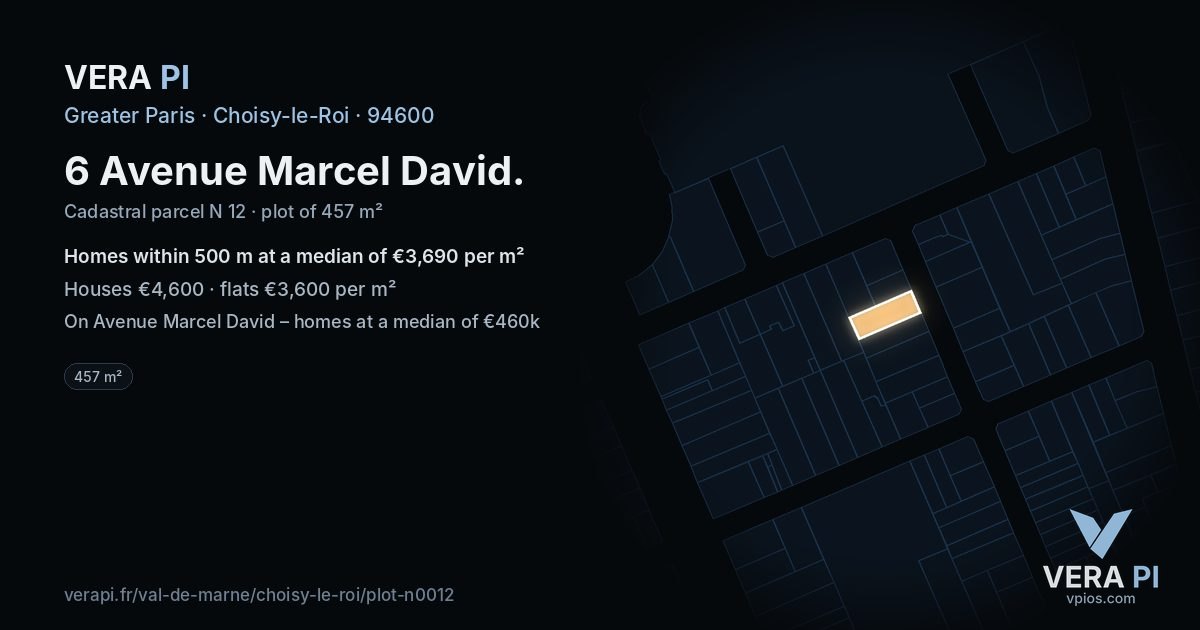 6 Avenue Marcel David, Choisy-le-Roi at night – the plot lit, the parcels around coloured by the prices near them