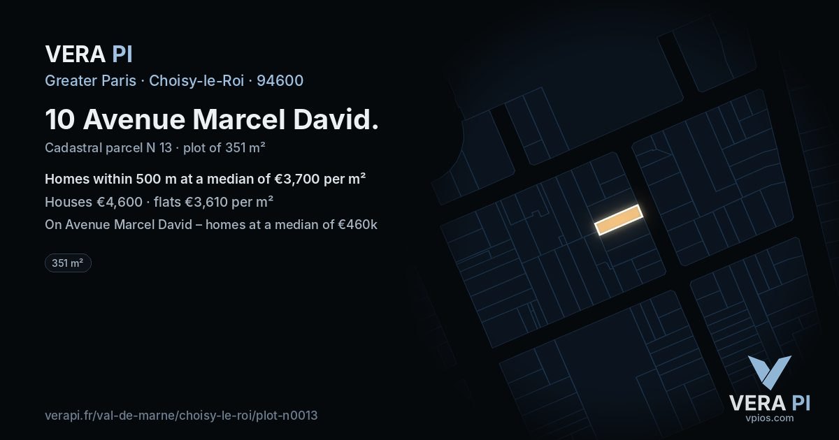 10 Avenue Marcel David, Choisy-le-Roi at night – the plot lit, the parcels around coloured by the prices near them