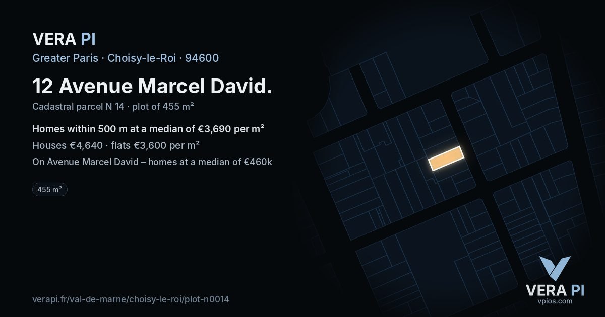 12 Avenue Marcel David, Choisy-le-Roi at night – the plot lit, the parcels around coloured by the prices near them