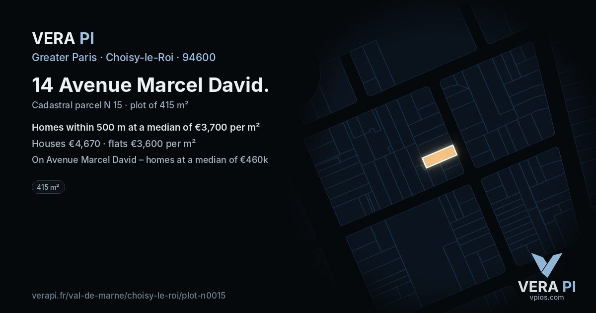 14 Avenue Marcel David, Choisy-le-Roi at night – the plot lit, the parcels around coloured by the prices near them