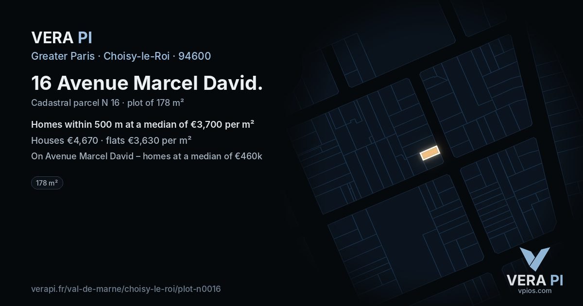 16 Avenue Marcel David, Choisy-le-Roi at night – the plot lit, the parcels around coloured by the prices near them