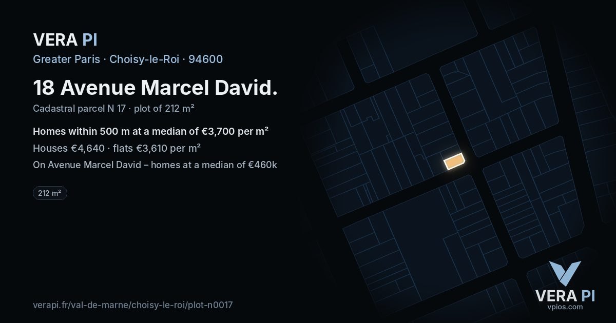 18 Avenue Marcel David, Choisy-le-Roi at night – the plot lit, the parcels around coloured by the prices near them