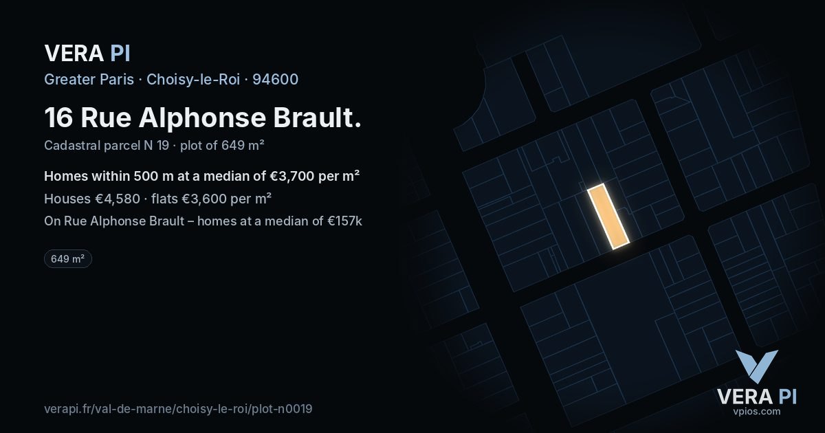 16 Rue Alphonse Brault, Choisy-le-Roi at night – the plot lit, the parcels around coloured by the prices near them