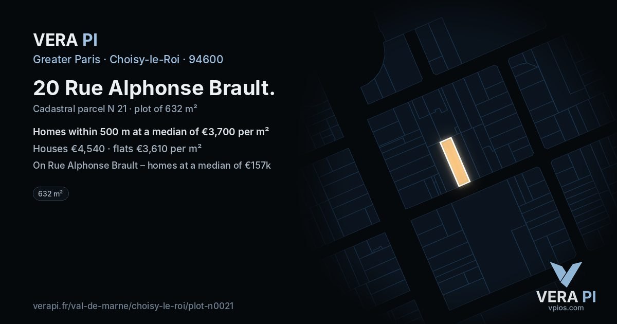 20 Rue Alphonse Brault, Choisy-le-Roi at night – the plot lit, the parcels around coloured by the prices near them