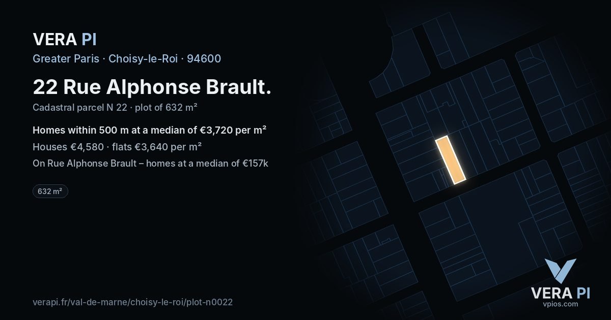 22 Rue Alphonse Brault, Choisy-le-Roi at night – the plot lit, the parcels around coloured by the prices near them