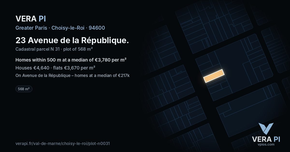 23 Avenue de la République, Choisy-le-Roi at night – the plot lit, the parcels around coloured by the prices near them
