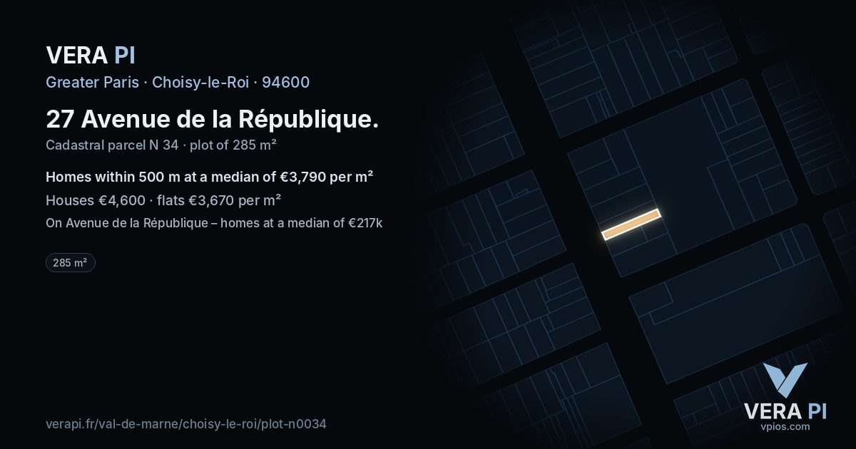 27 Avenue de la République, Choisy-le-Roi at night – the plot lit, the parcels around coloured by the prices near them
