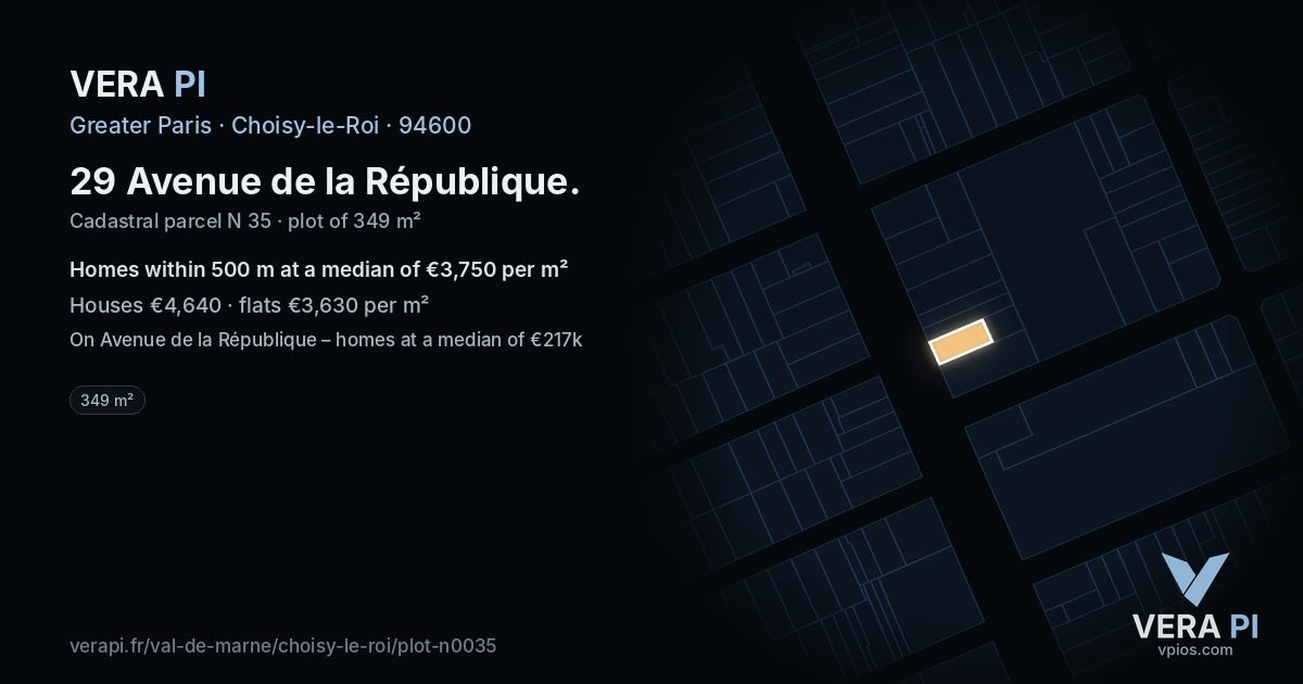 29 Avenue de la République, Choisy-le-Roi at night – the plot lit, the parcels around coloured by the prices near them