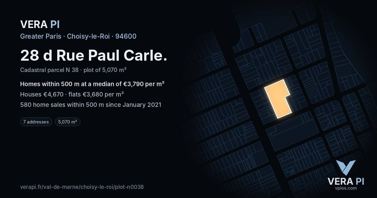 28 d Rue Paul Carle, Choisy-le-Roi at night – the plot lit, the parcels around coloured by the prices near them