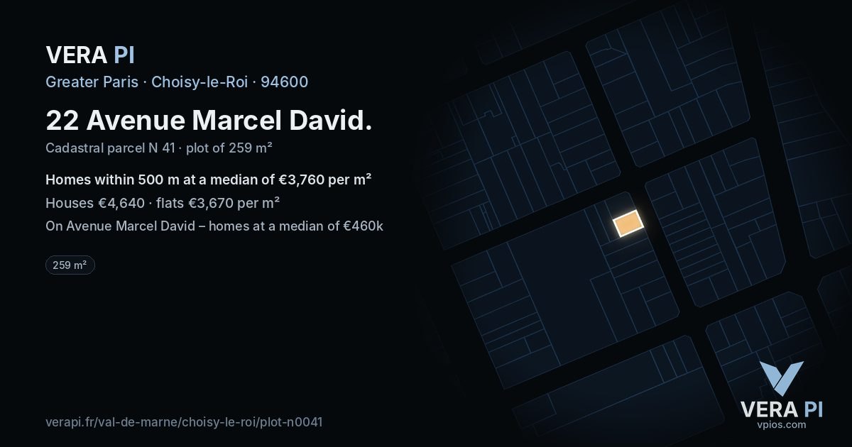 22 Avenue Marcel David, Choisy-le-Roi at night – the plot lit, the parcels around coloured by the prices near them