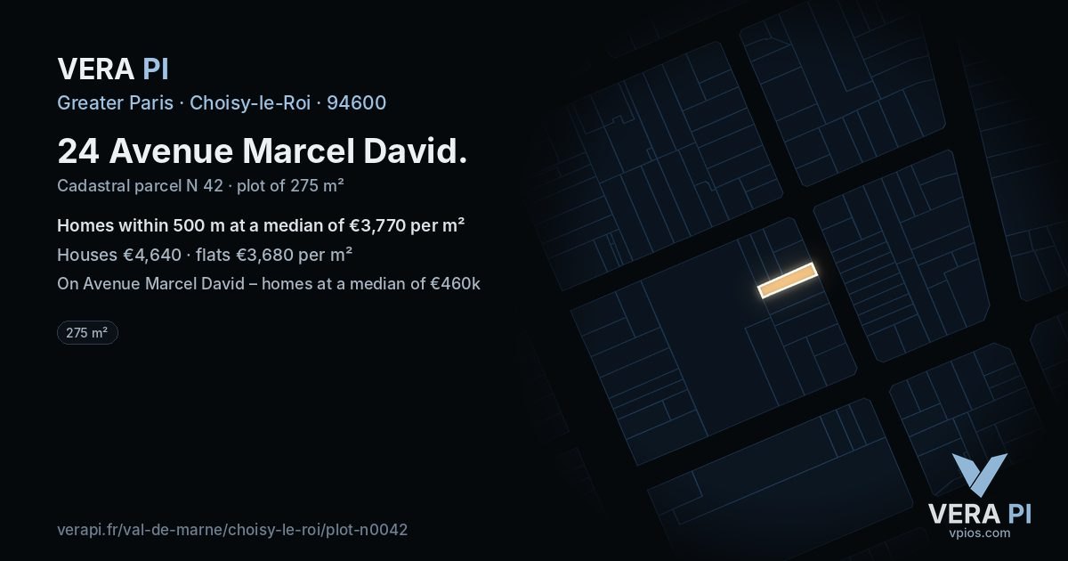 24 Avenue Marcel David, Choisy-le-Roi at night – the plot lit, the parcels around coloured by the prices near them