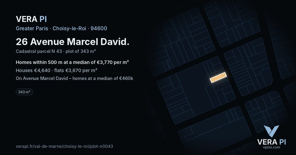 26 Avenue Marcel David, Choisy-le-Roi at night – the plot lit, the parcels around coloured by the prices near them