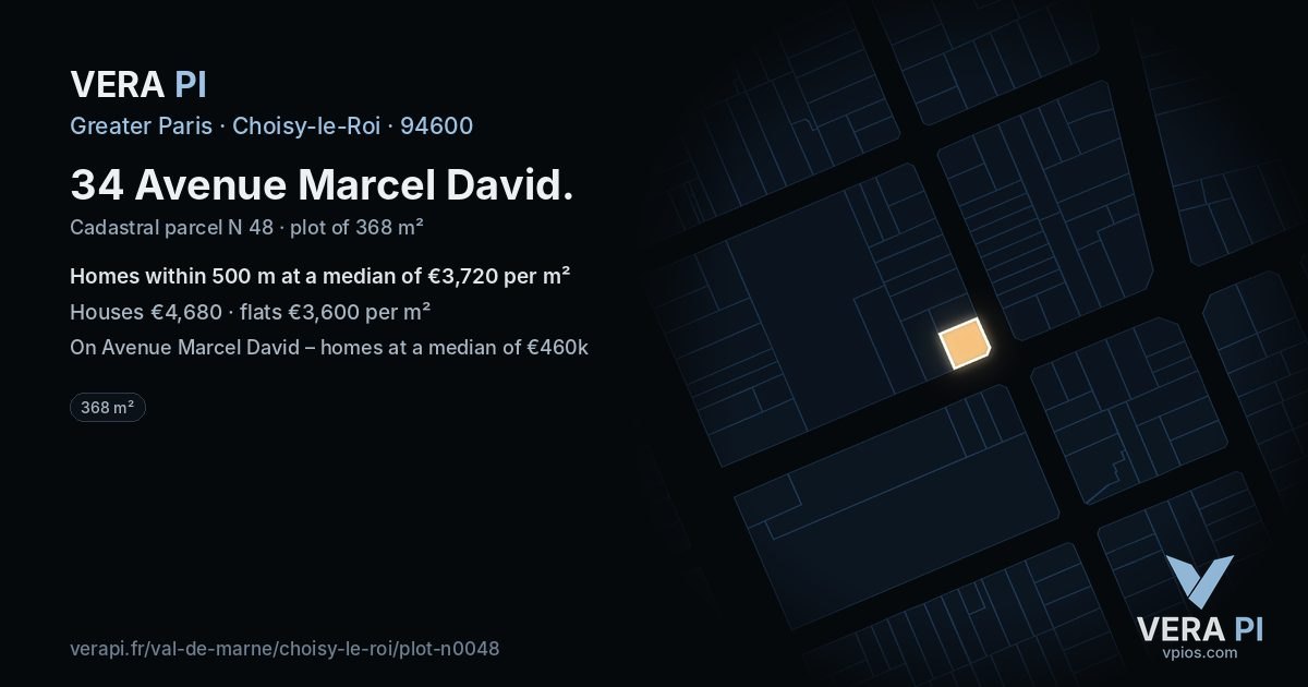 34 Avenue Marcel David, Choisy-le-Roi at night – the plot lit, the parcels around coloured by the prices near them
