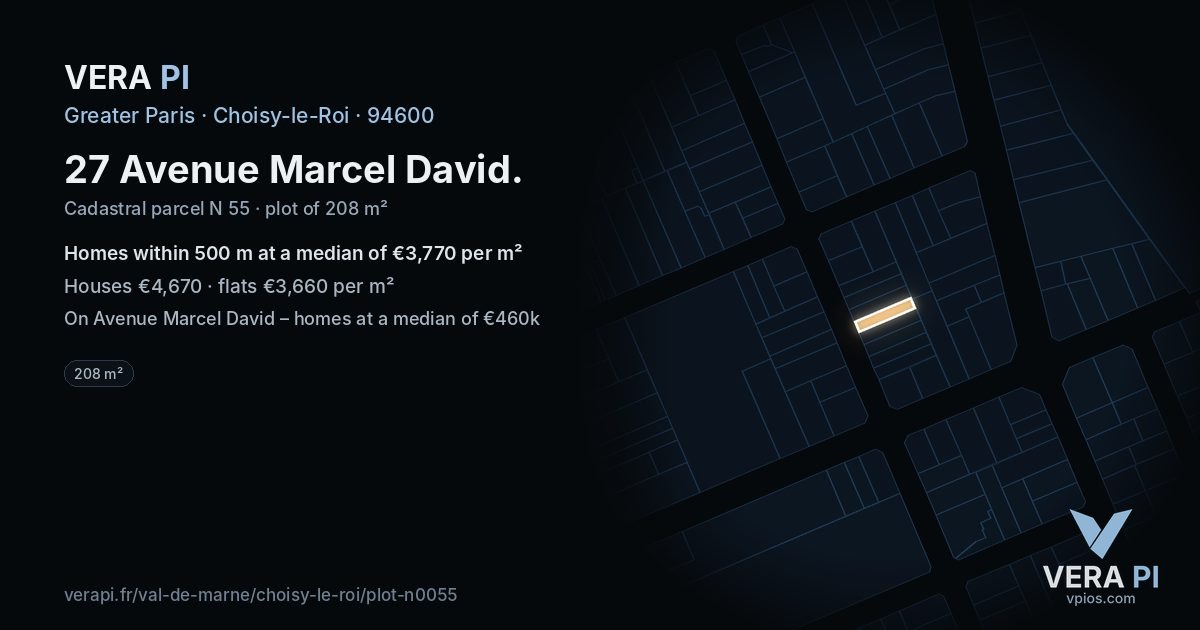 27 Avenue Marcel David, Choisy-le-Roi at night – the plot lit, the parcels around coloured by the prices near them