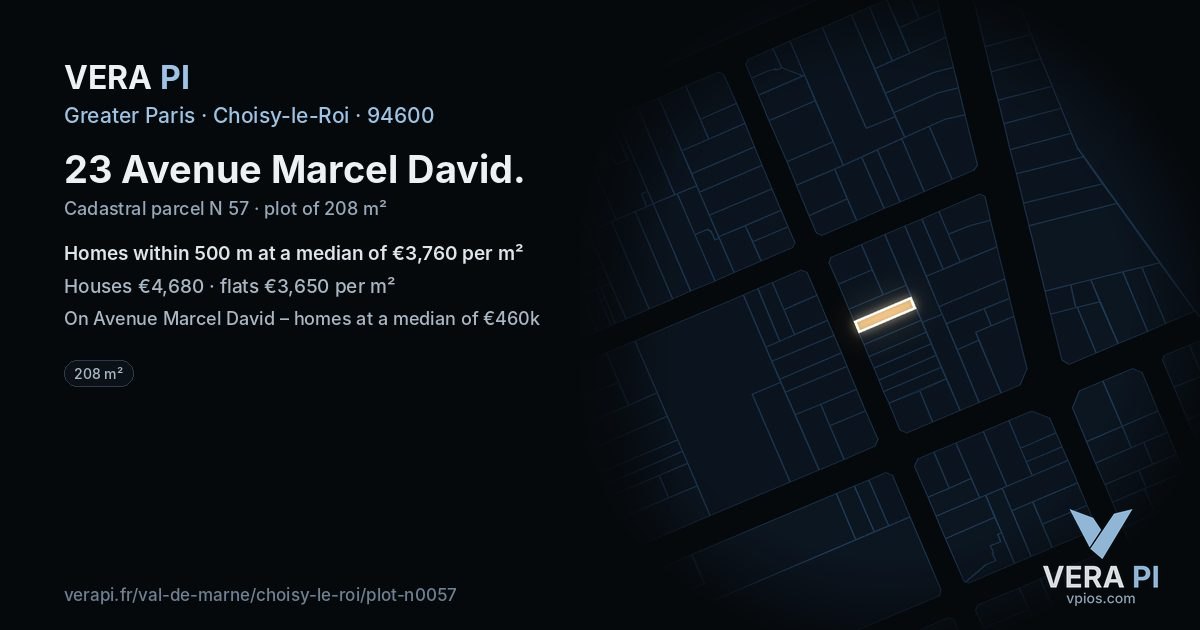 23 Avenue Marcel David, Choisy-le-Roi at night – the plot lit, the parcels around coloured by the prices near them