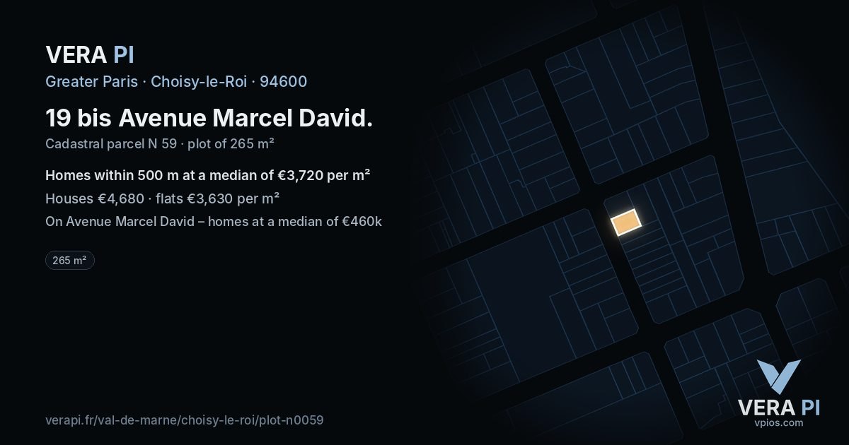 19 bis Avenue Marcel David, Choisy-le-Roi at night – the plot lit, the parcels around coloured by the prices near them