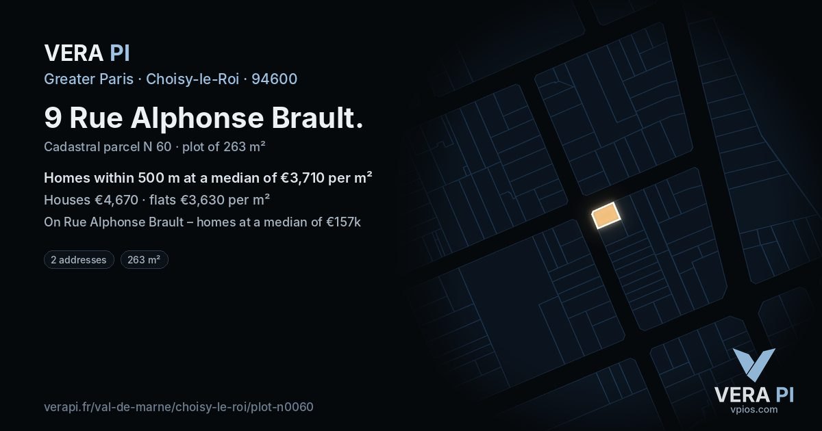 9 Rue Alphonse Brault, Choisy-le-Roi at night – the plot lit, the parcels around coloured by the prices near them