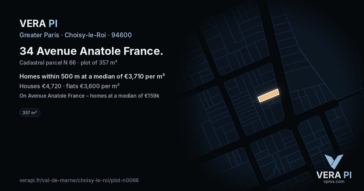 34 Avenue Anatole France, Choisy-le-Roi at night – the plot lit, the parcels around coloured by the prices near them
