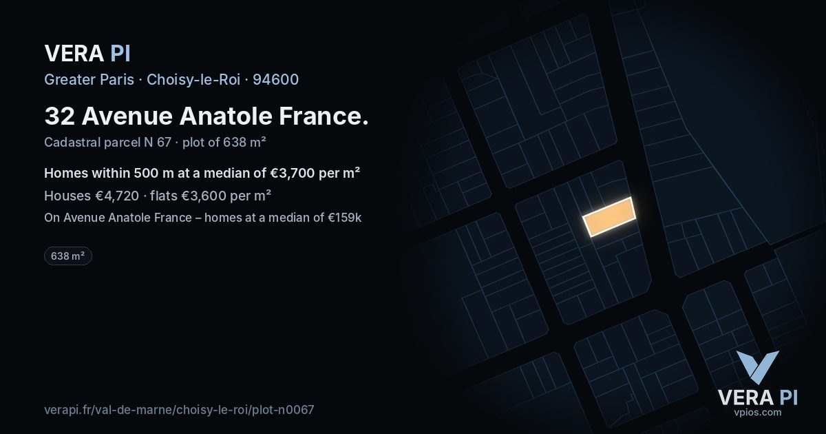 32 Avenue Anatole France, Choisy-le-Roi at night – the plot lit, the parcels around coloured by the prices near them