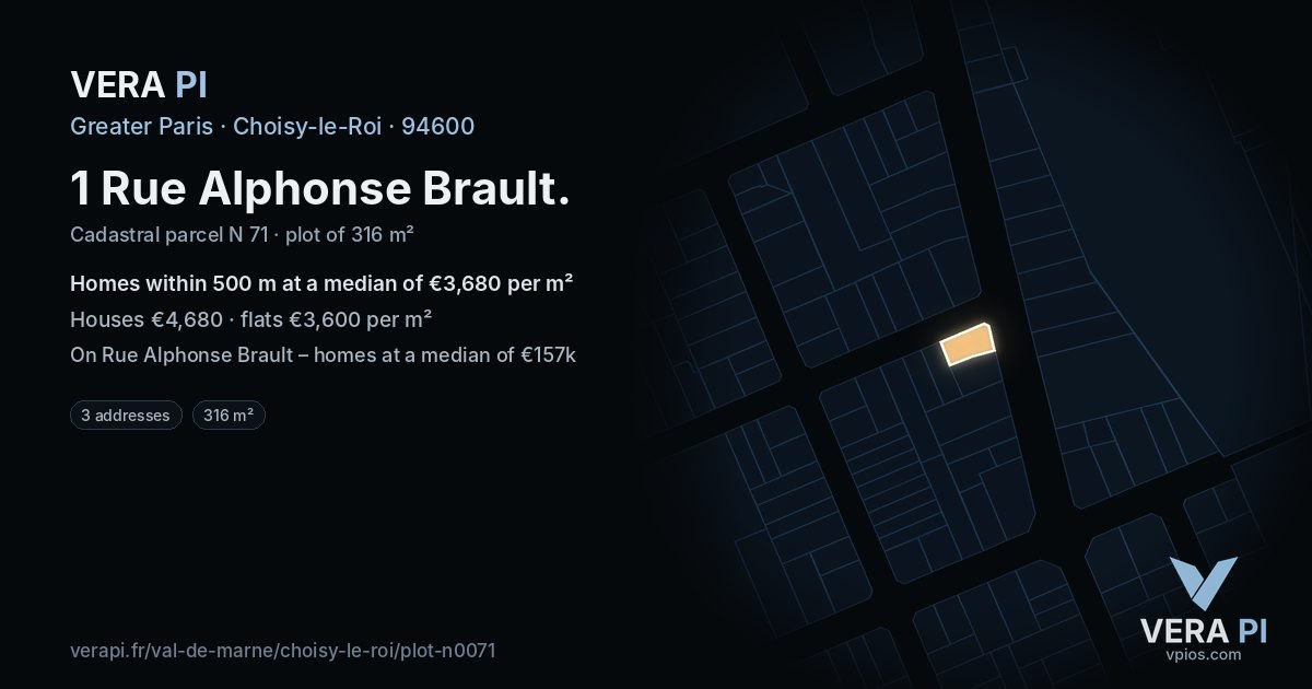 1 Rue Alphonse Brault, Choisy-le-Roi at night – the plot lit, the parcels around coloured by the prices near them