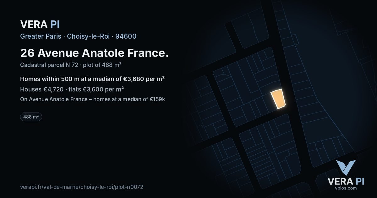 26 Avenue Anatole France, Choisy-le-Roi at night – the plot lit, the parcels around coloured by the prices near them