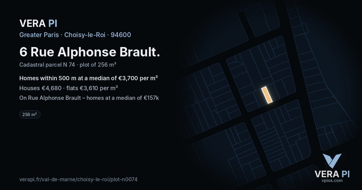 6 Rue Alphonse Brault, Choisy-le-Roi at night – the plot lit, the parcels around coloured by the prices near them