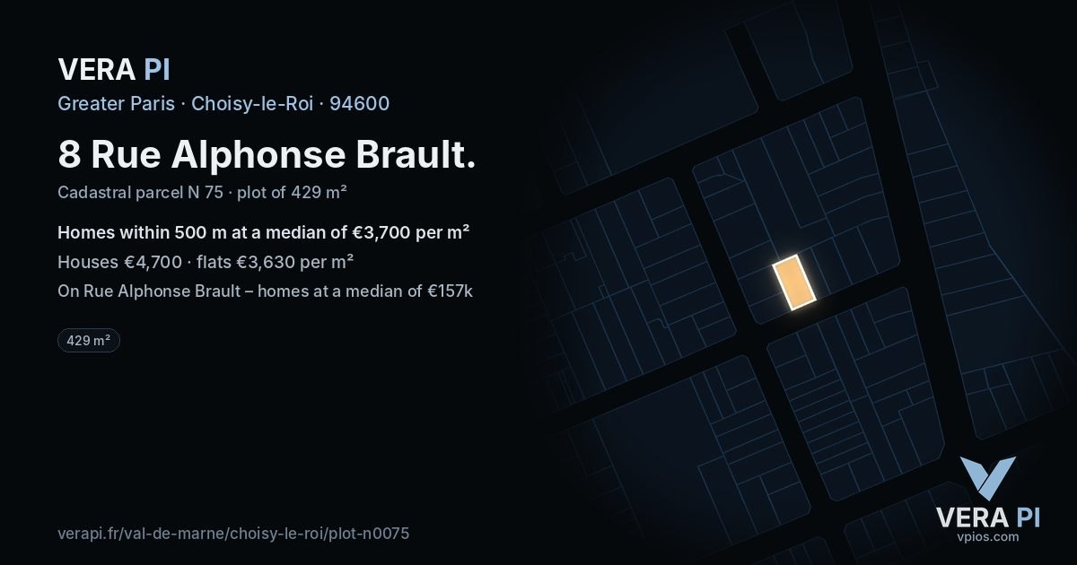8 Rue Alphonse Brault, Choisy-le-Roi at night – the plot lit, the parcels around coloured by the prices near them