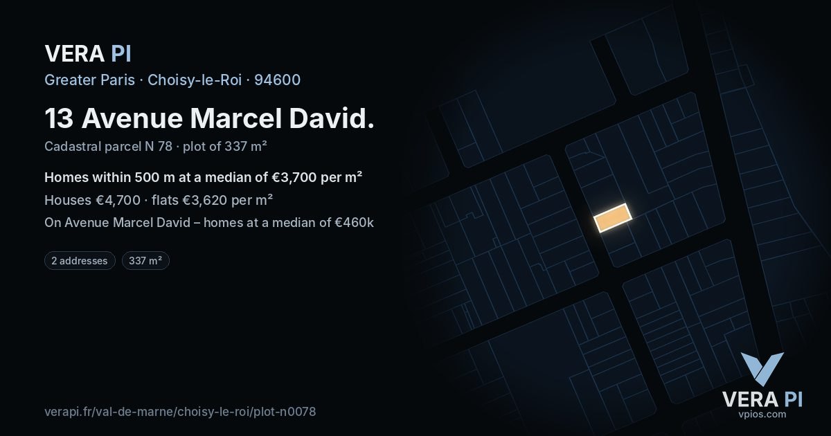 13 Avenue Marcel David, Choisy-le-Roi at night – the plot lit, the parcels around coloured by the prices near them