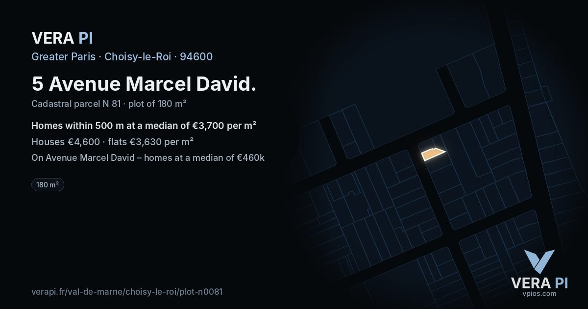 5 Avenue Marcel David, Choisy-le-Roi at night – the plot lit, the parcels around coloured by the prices near them