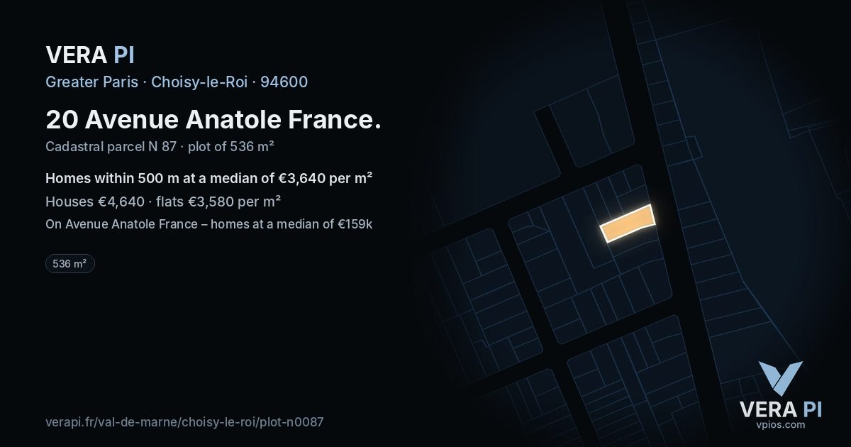 20 Avenue Anatole France, Choisy-le-Roi at night – the plot lit, the parcels around coloured by the prices near them