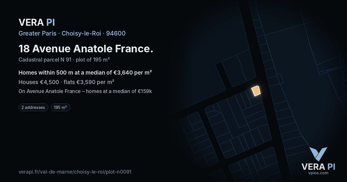 18 Avenue Anatole France, Choisy-le-Roi at night – the plot lit, the parcels around coloured by the prices near them