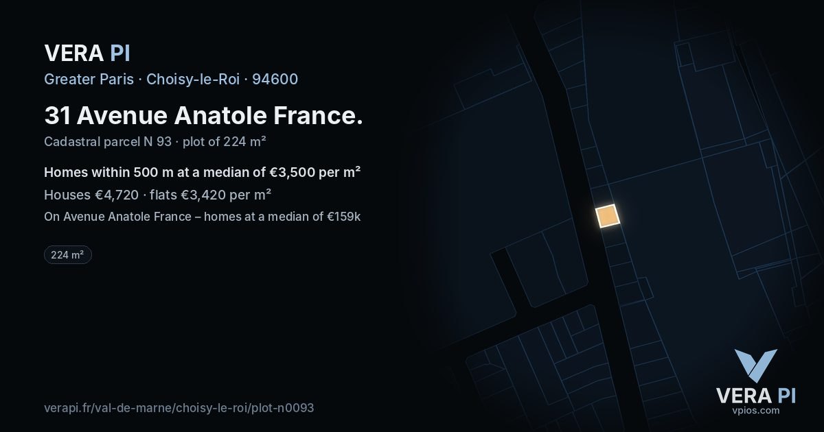 31 Avenue Anatole France, Choisy-le-Roi at night – the plot lit, the parcels around coloured by the prices near them