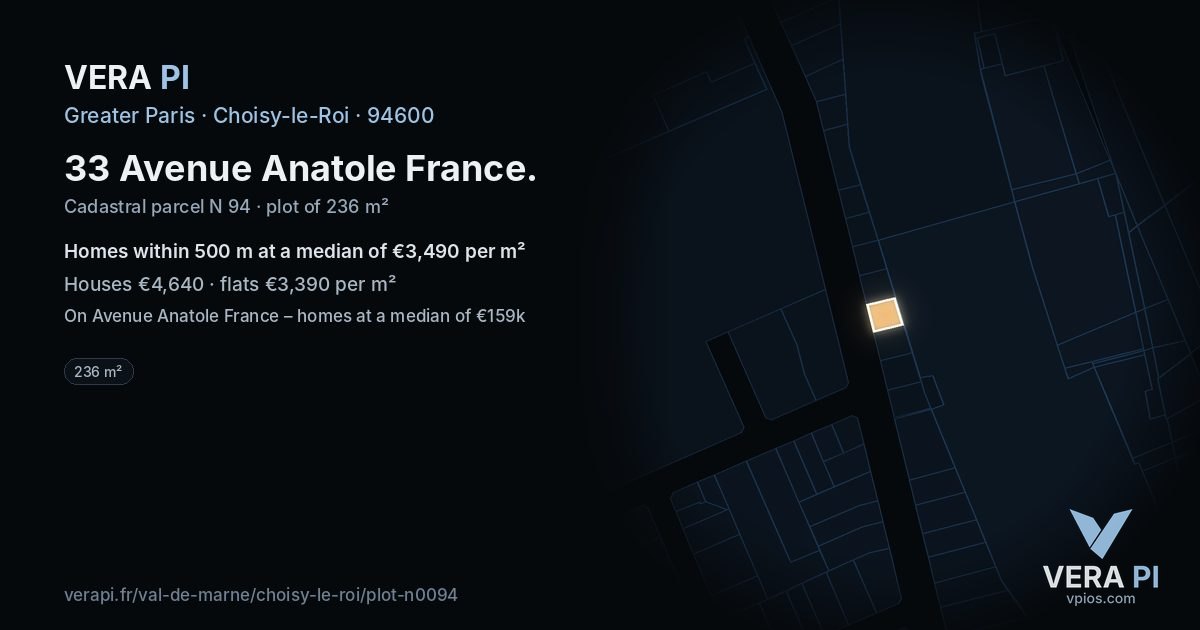 33 Avenue Anatole France, Choisy-le-Roi at night – the plot lit, the parcels around coloured by the prices near them