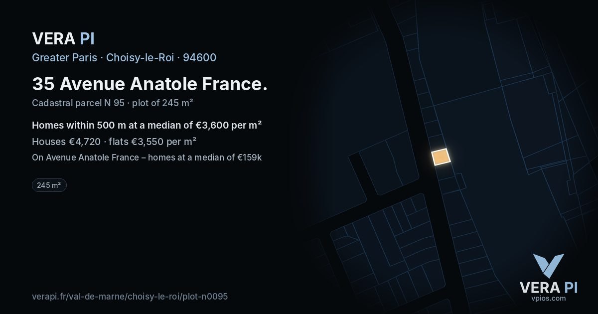 35 Avenue Anatole France, Choisy-le-Roi at night – the plot lit, the parcels around coloured by the prices near them