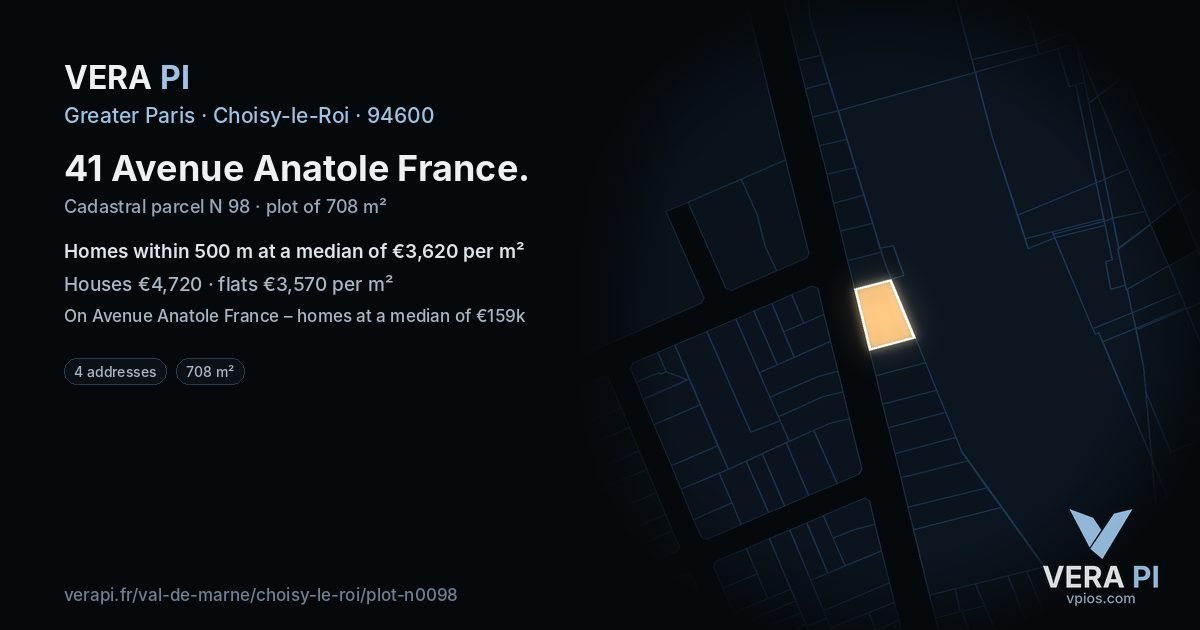 41 Avenue Anatole France, Choisy-le-Roi at night – the plot lit, the parcels around coloured by the prices near them