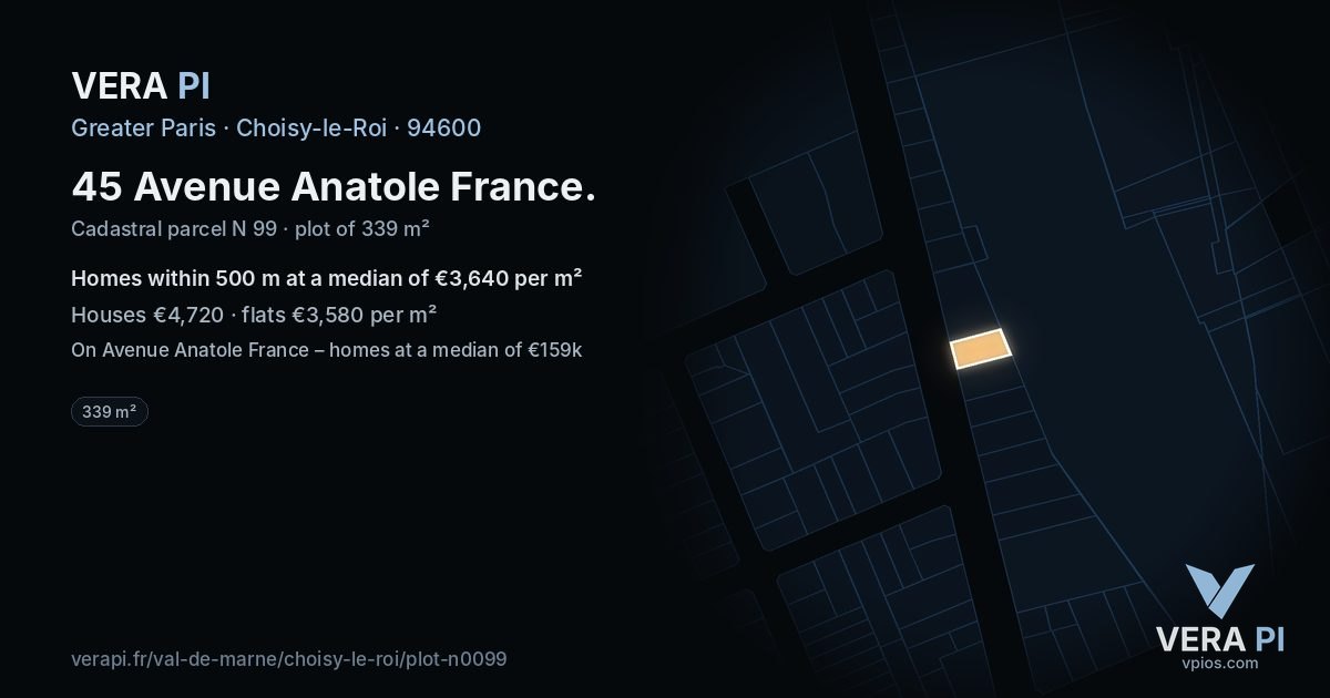 45 Avenue Anatole France, Choisy-le-Roi at night – the plot lit, the parcels around coloured by the prices near them