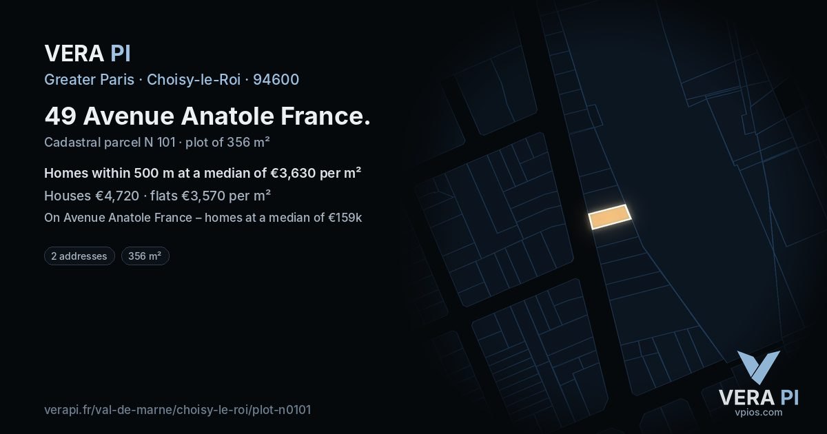49 Avenue Anatole France, Choisy-le-Roi at night – the plot lit, the parcels around coloured by the prices near them