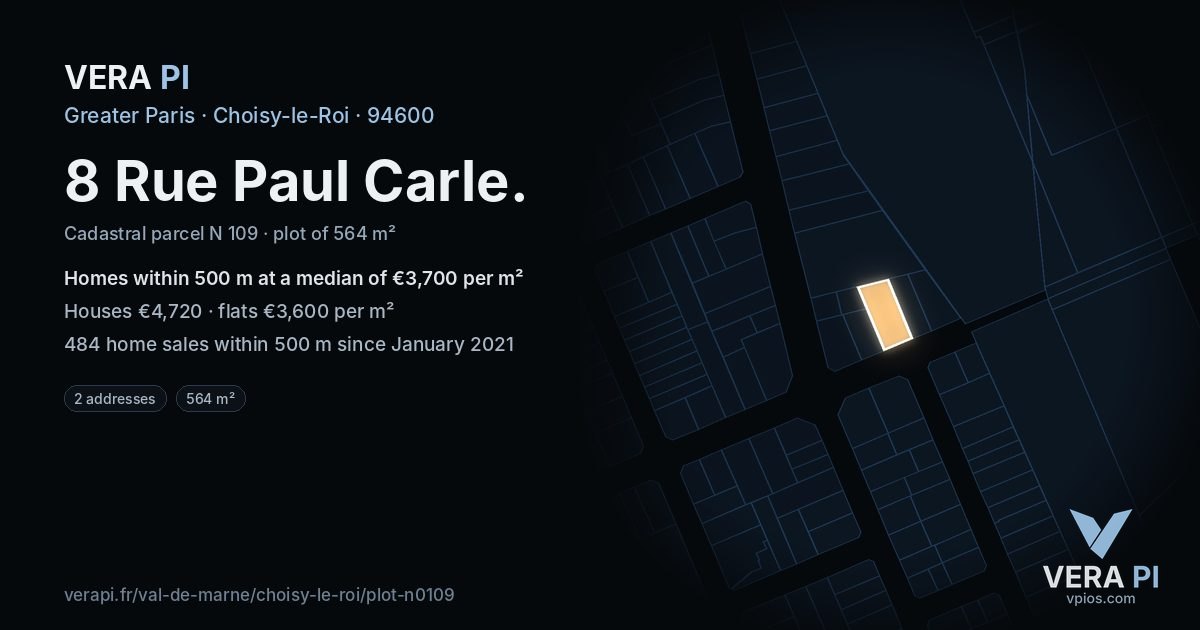 8 Rue Paul Carle, Choisy-le-Roi at night – the plot lit, the parcels around coloured by the prices near them