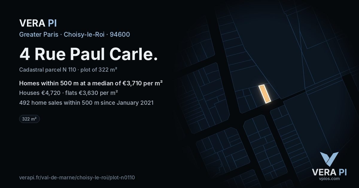 4 Rue Paul Carle, Choisy-le-Roi at night – the plot lit, the parcels around coloured by the prices near them