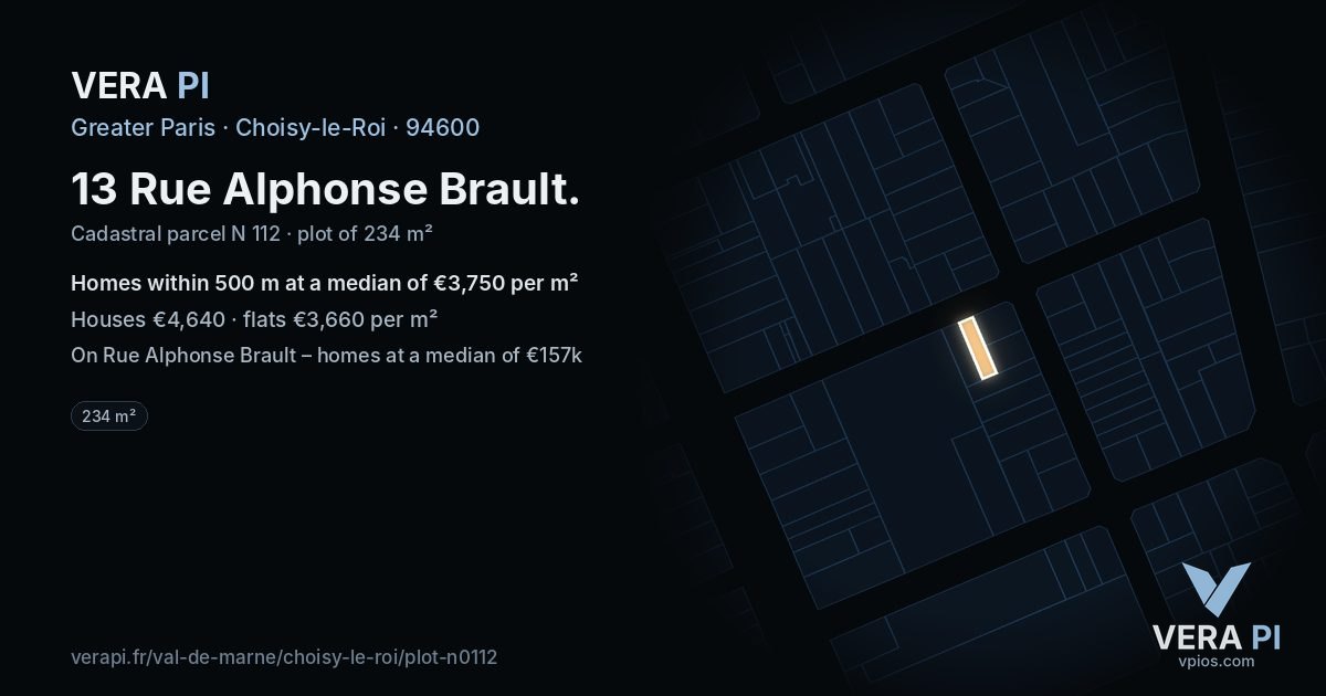 13 Rue Alphonse Brault, Choisy-le-Roi at night – the plot lit, the parcels around coloured by the prices near them