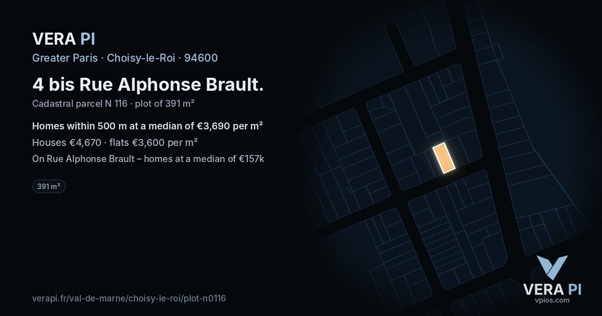 4 bis Rue Alphonse Brault, Choisy-le-Roi at night – the plot lit, the parcels around coloured by the prices near them